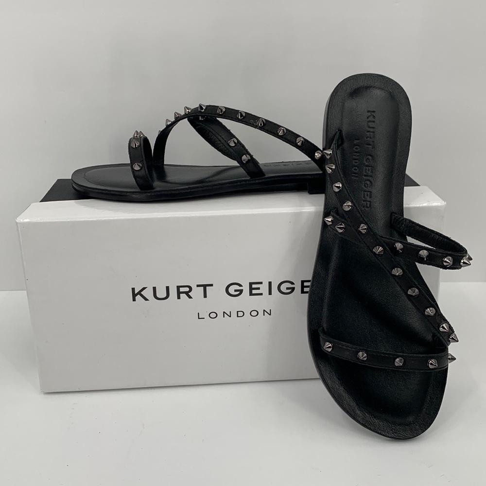 Kurt Geiger London Margot Black leather strappy slide stud sandal new 36.5 6.5